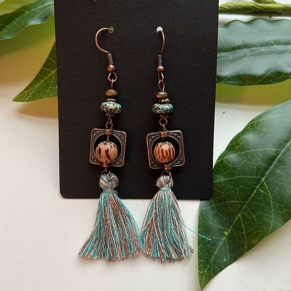 Copper and Brass Blue Tassel Earrings - Picture 3 of 3